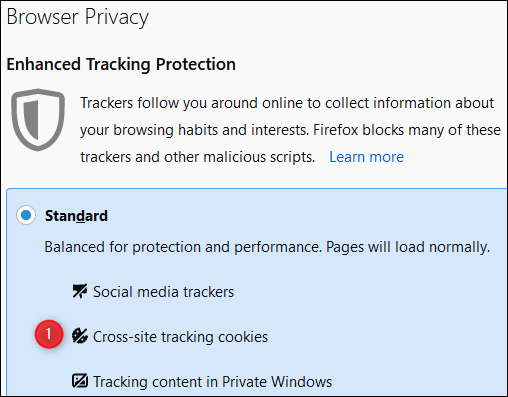 los "Privacidad del navegador" menú en Firefox.