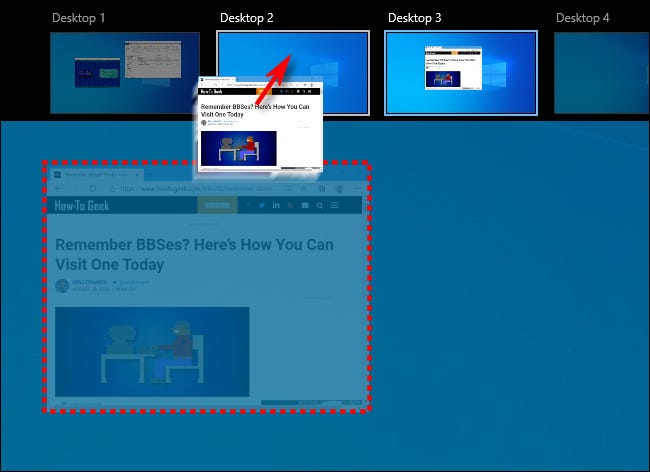 Arrastre y suelte una ventana de un escritorio virtual a otro en Windows 10.