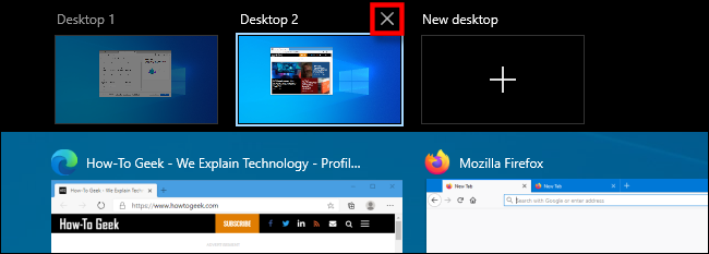 Selecciona el "X" encima de una miniatura de escritorio virtual para cerrarlo.