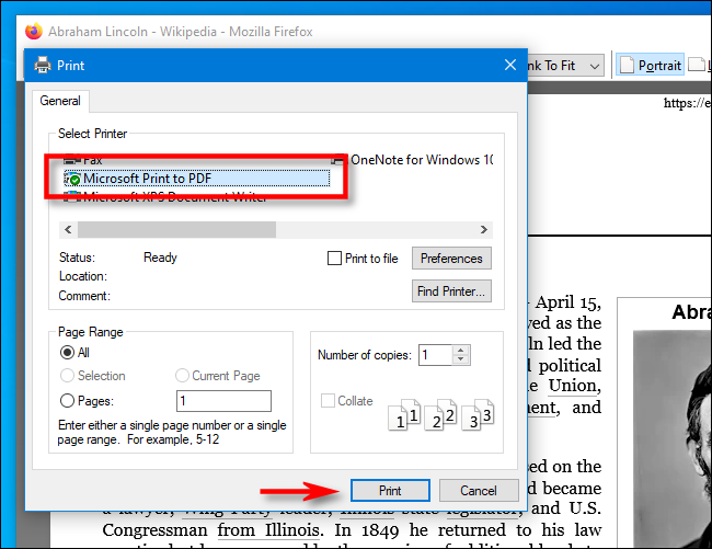 Seleccione Microsoft Print to PDF en Firefox en la PC