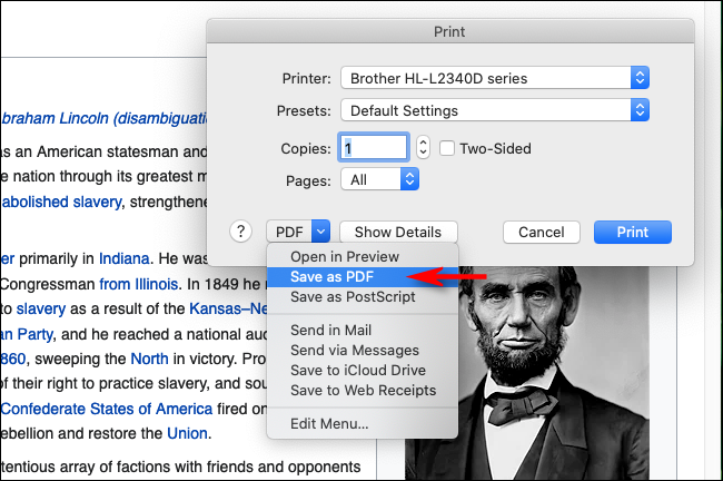Seleccione Guardar como PDF en Firefox en Mac