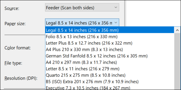 Tamaño de papel de escaneado y fax de Windows