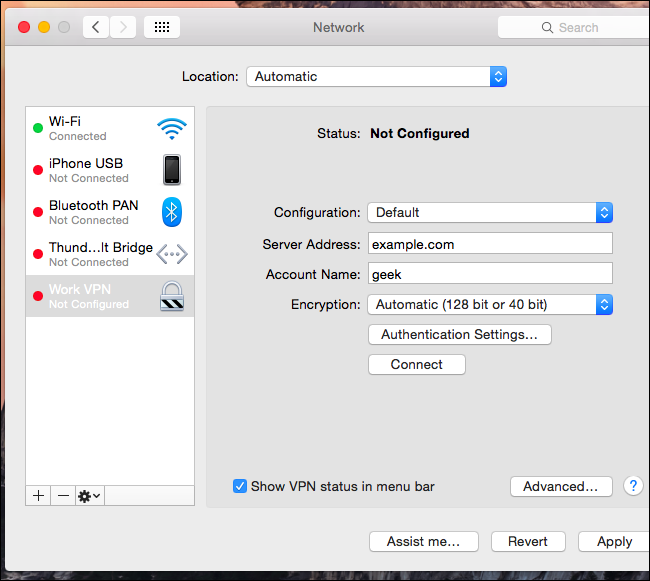 La VPN no está completamente configurada en el menú de configuración de red de una Mac
