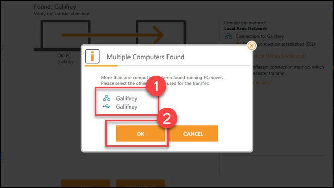 Cuadro de diálogo en varias computadoras con cuadros alrededor de las opciones de la computadora y el botón Aceptar.