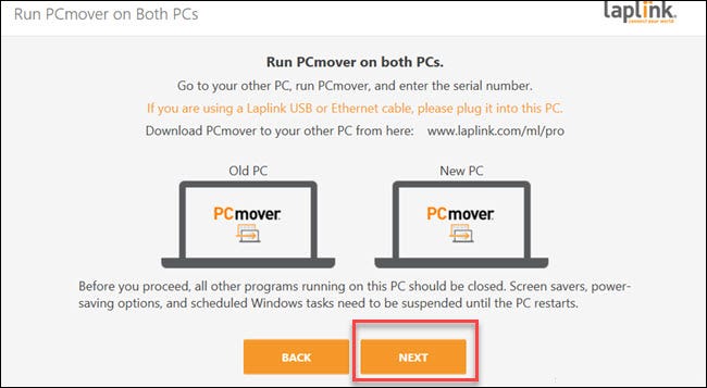 PCMover con cuadro alrededor del botón Siguiente.