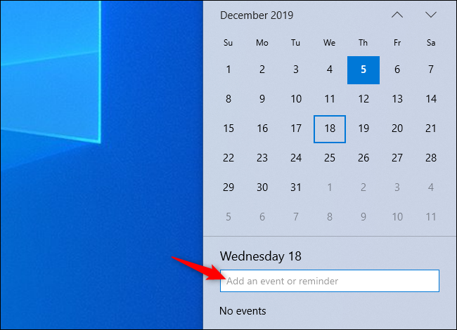 Agregar un evento a su calendario desde el panel de reloj de la barra de tareas de Windows 10.