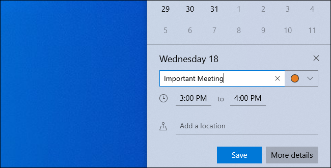 Edite los detalles de un evento mientras lo agrega al panel de reloj de Windows 10.