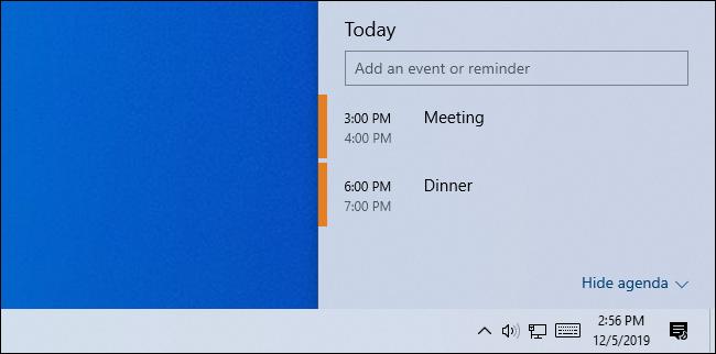 Eventos del calendario en la ventana emergente del calendario de Windows 10.