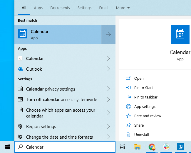 Inicie la aplicación Calendario de Windows 10 desde el menú Inicio.