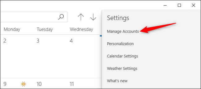 Administre cuentas en la aplicación Calendario de Windows 10.