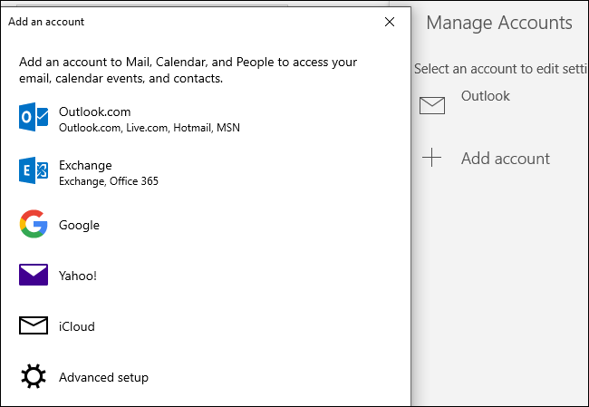 Agregar un Outlook.com, Exchange, Google, Yahoo!  o iCloud al calendario de Windows 10.