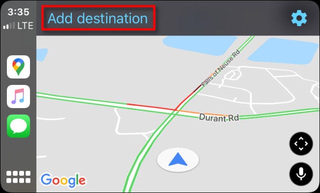 Grifo "Agregar un destino" en Google Maps para CarPlay en iPhone.