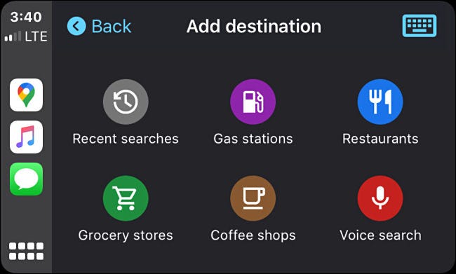 los "Agregar un destino" menú en Google Maps para CarPlay en iPhone.