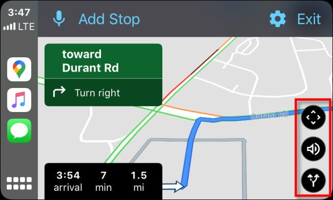 Revisión de los tres botones de opción negros en Google Maps en CarPlay a través de iPhone.