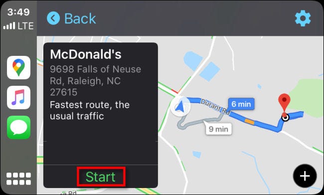 Grifo "Inicio" para iniciar la ruta en Google Maps para CarPlay en iPhone.