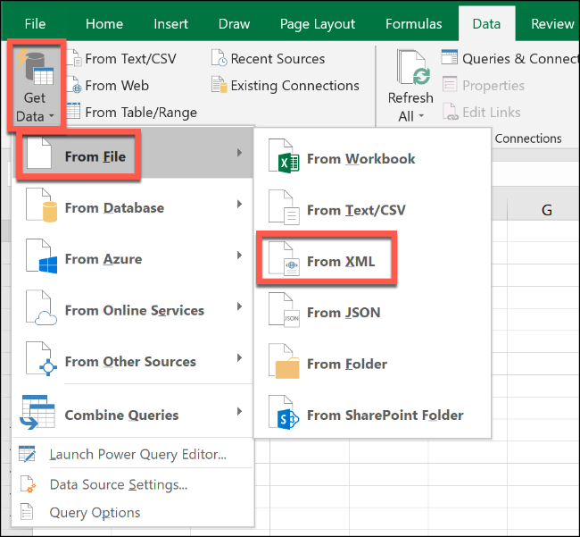 Haga clic en "Datos," Haga clic en "Obtener datos," Haga clic en "Desde el archivo," luego seleccione "De XML."