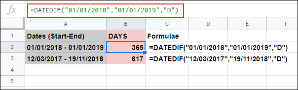 La función DATEDIF en Google Sheets, calcula el número de días entre dos fechas definidas utilizadas en la fórmula