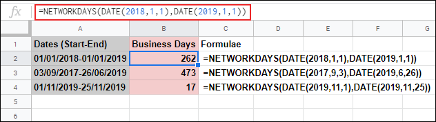 La función NETWORKDAYS en Google Sheets, calcula los días laborables entre dos fechas e ignora el sábado y el domingo usando una fórmula de FECHA anidada