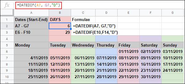 La función DATEDIF en Google Sheets, calcula el número de días entre dos fechas, usando dos referencias de celda única