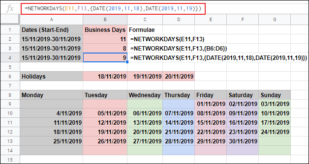 La función NETWORKDAYS en Google Sheets, calculando los días laborables entre dos fechas e ignorando el sábado y el domingo, quedando excluidos los festivos adicionales.