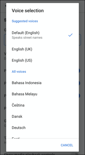 Seleccione una nueva voz del menú de selección de voz en Google Maps