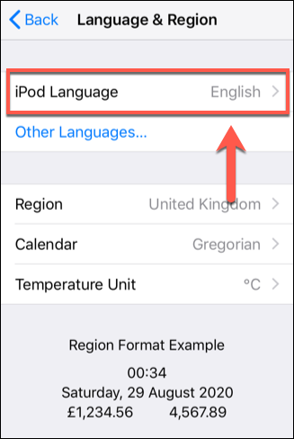 Toque la opción Idioma de su dispositivo iOS en el menú Idioma y región