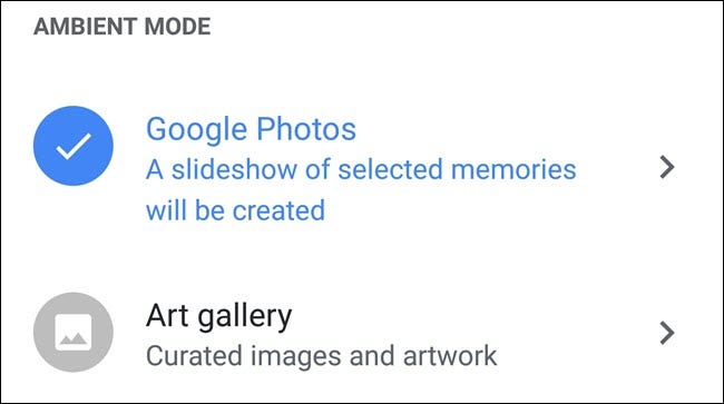 Configuración del modo ambiental de Google Home, con Google Photos seleccionado.