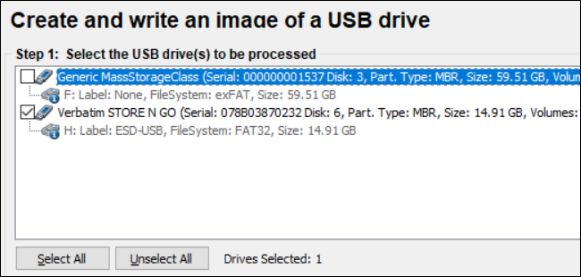 Seleccione una unidad USB para crear una imagen