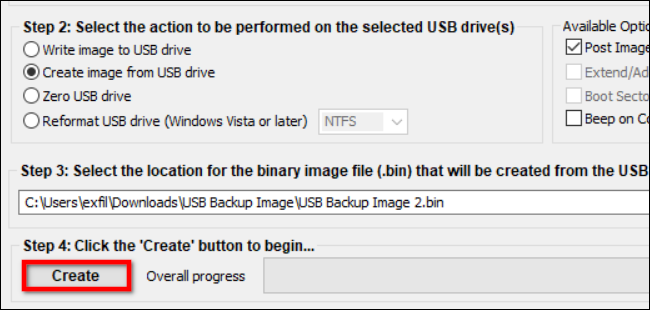 Botón Crear para imagen USB