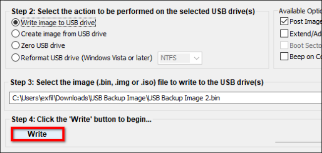 Escribe la imagen guardada en la memoria USB