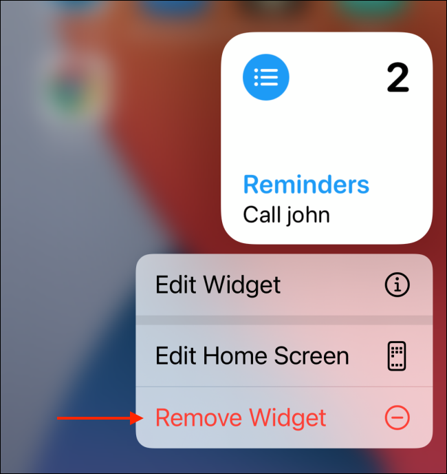 Toque Eliminar widget en las opciones de widget