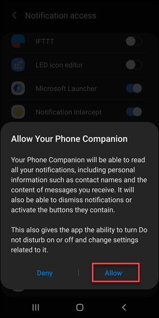 Autorice el cuadro de diálogo de su compañero de teléfono con un cuadro alrededor de la opción de autorización.