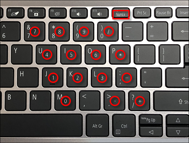 Ejemplo de teclas de bloqueo numérico en el teclado de una computadora portátil