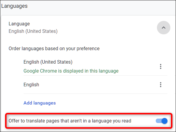 Desactivar "Ofrezca traducir páginas que no estén en un idioma que usted lee," bajo el encabezado Idioma