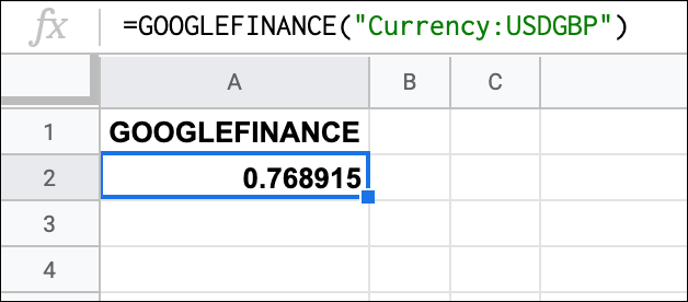 Función GOOGLEFINANCE en Google Sheets, que proporciona el tipo de cambio de USD a GBP