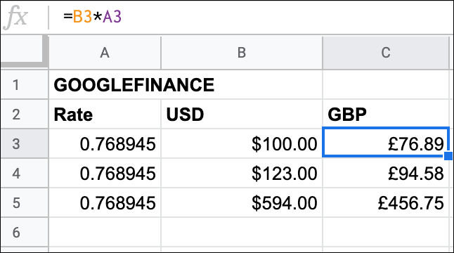 Varias conversiones de moneda de USD a GBP en Hojas de cálculo de Google mediante la función GOOGLEFINANCE