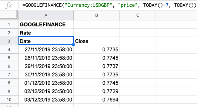 Una lista en evolución de los tipos de cambio de los últimos siete días, que se muestra en Hojas de cálculo de Google mediante la función GOOGLEFINANCE.