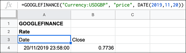 Un tipo de cambio histórico de un día que se muestra en Hojas de cálculo de Google mediante la función GOOGLEFINANCE.