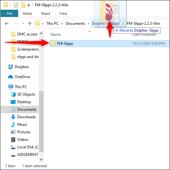 Arrastra y suelta el "FM-Slippi" carpeta en el "Delfín y Slippi" carpetas.