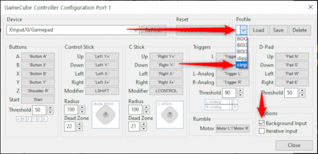 Para seleccionar "Xinput Gamecube," Haga clic en "Cargado," luego seleccione "Entrada de fondo."