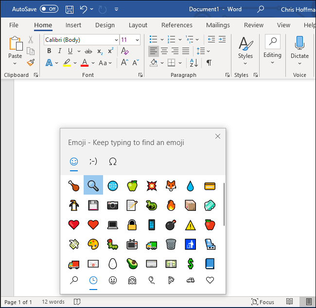 El selector de emojis de Windows 10 en Microsoft Word 365.