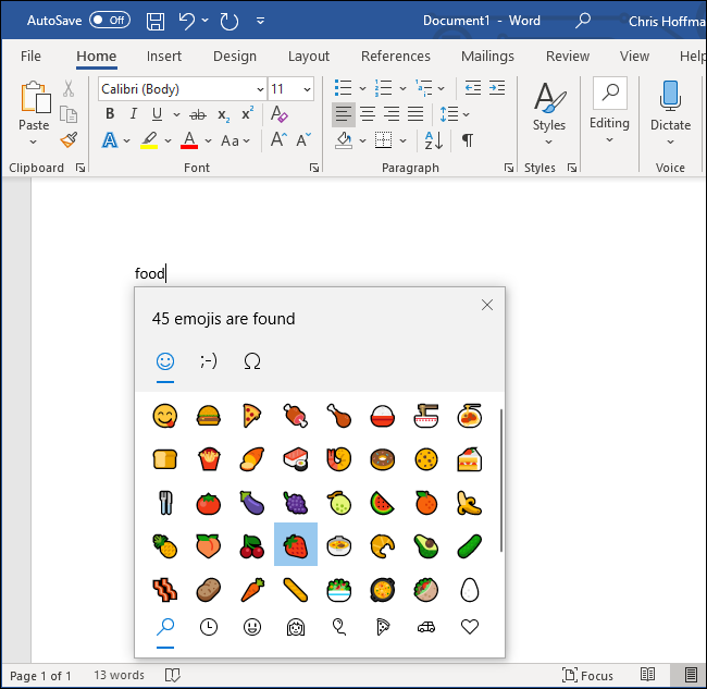 Encuentra un emoji de comida en Microsoft Word.
