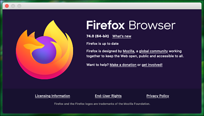 los "Acerca de Firefox" ventana en una Mac.