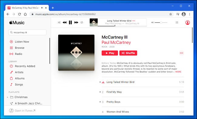 Reproduzca música en el reproductor web Apple Music en Chrome en Windows 10.