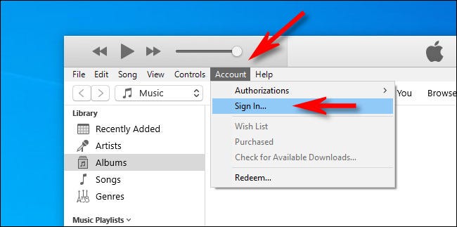 En iTunes para Windows, seleccione "Cuenta," entonces "Identifícate."