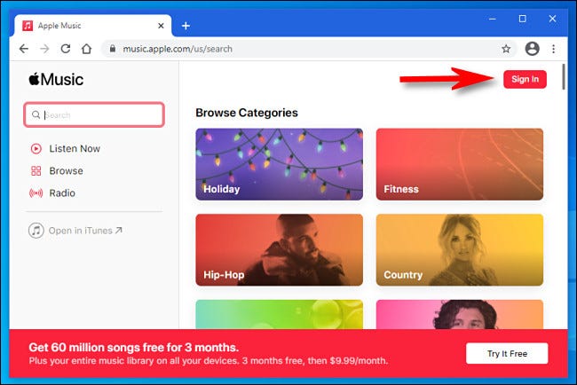 En el reproductor web de Apple Music, haga clic en el botón "Iniciar sesión" botón.