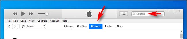 Navega o busca en iTunes en Windows 10.
