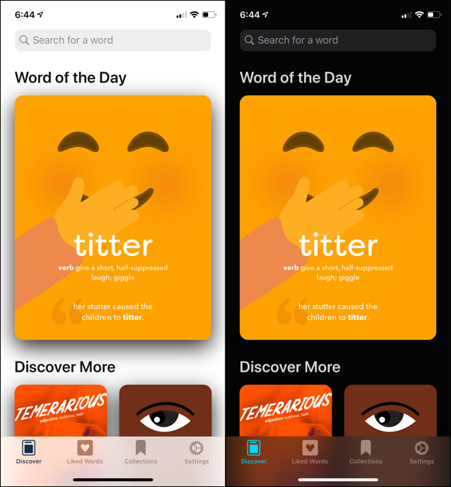 Una comparación de la aplicación de diccionario LookUp en modo claro y modo oscuro en iOS 13