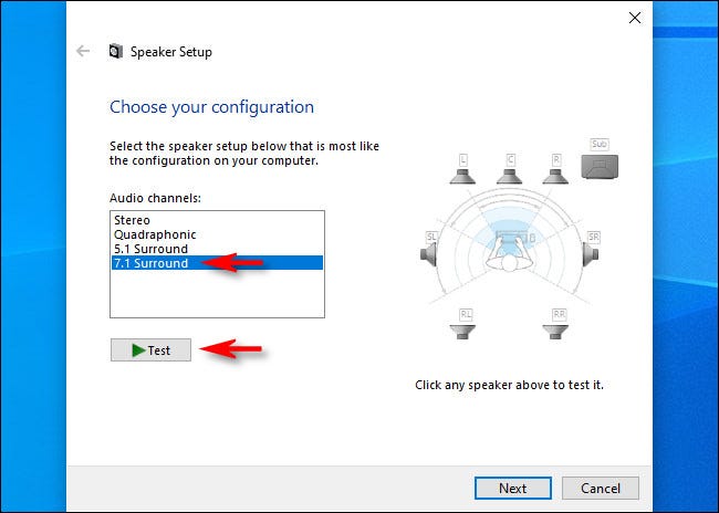 En Configuración de altavoces para Windows 10, seleccione los canales de audio y haga clic en "Prueba."