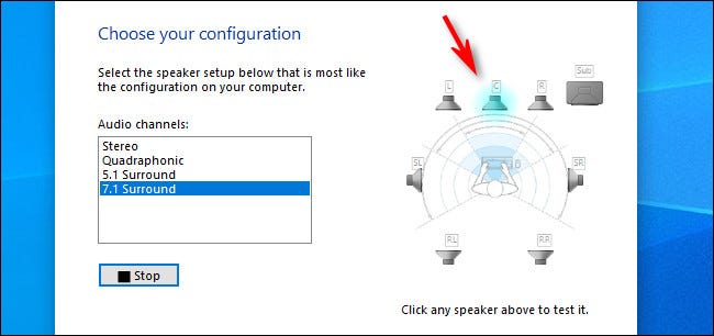 En Configuración de altavoces en Windows 10, haga clic en un altavoz individual para escuchar un sonido de ese altavoz.